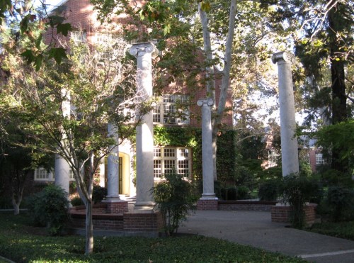 These columns, found between Knoles Hall (background) and the University Library, were salvaged when a library in Stockton was being torn down. This is another popular photo spot or simply to sit and relax.