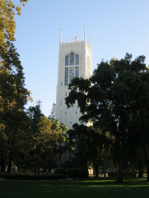 Robert E. Burns Tower seen from Knoles Lawn.